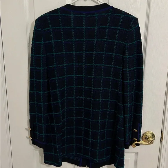 St. John Collection Marie Gray Plaid Knit Cardigan Gold Crest Buttons Size Small
